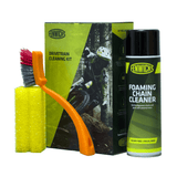 Fenwick's drivetrain cleaning kit with foaming chain cleaner, chain sponge, and gear brush for bike maintenance.