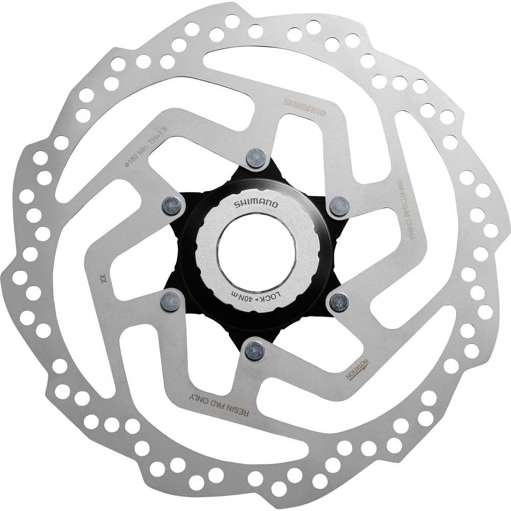 Shimano Tourney SM-RT10 disc brake rotor for resin brake pads, center-lock design, bike components for effective braking.