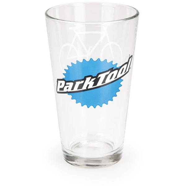 Park Tool PNT-5 pint glass featuring bike and wrench design, dishwasher safe, ideal for cycling enthusiasts and accessories.