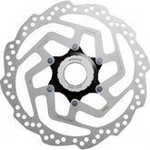 Shimano Tourney SM-RT10 centre-lock disc rotor for resin brake pads, bike components, with metallic finish and mounting holes.