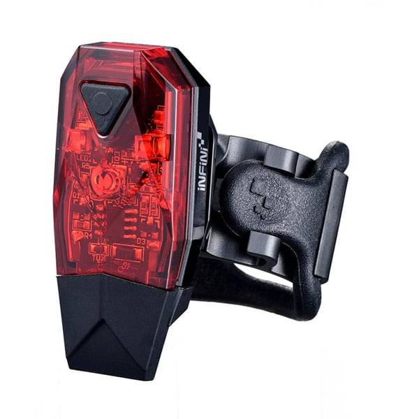 Infini Mini-Lava rear bike light with red lens, micro USB rechargeable, super bright LED for cycling safety.