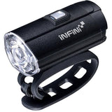 Infini Tron 300 USB rechargeable black front bike light with handlebar mount, designed for bicycle safety and visibility.