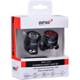 Infini Mini-Luxo USB rechargeable front and rear bike lightset in black, compact safety accessories for cycling visibility.