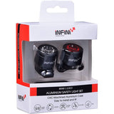 Infini Mini-Luxo USB rechargeable front and rear bike lightset in black, compact safety accessories for cycling visibility.