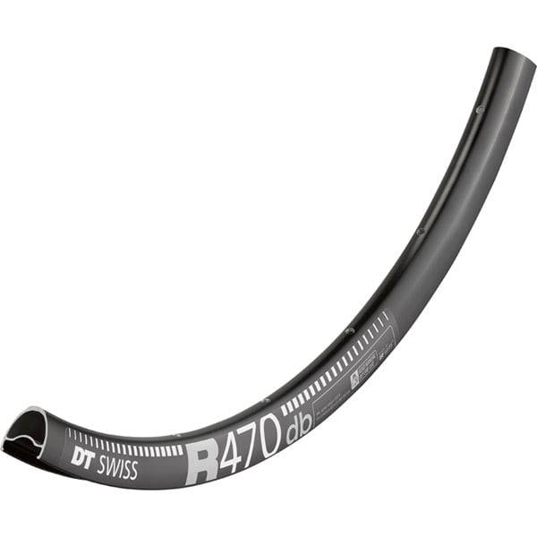 Black DT Swiss R 470 DB disc brake rim with Presta valve holes, tubeless compatible, designed for mountain bike components.