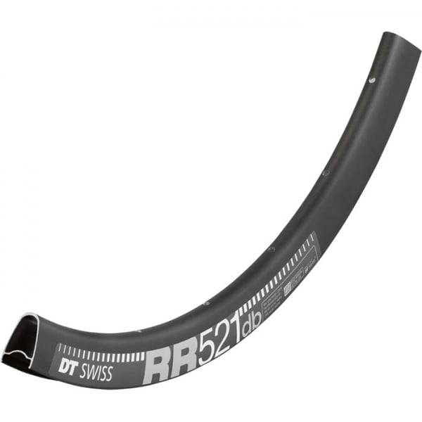 DT Swiss RR 521 DB SBWT black disc brake rim with Presta-drilled holes, 32mm semi-aero profile for road bike components.