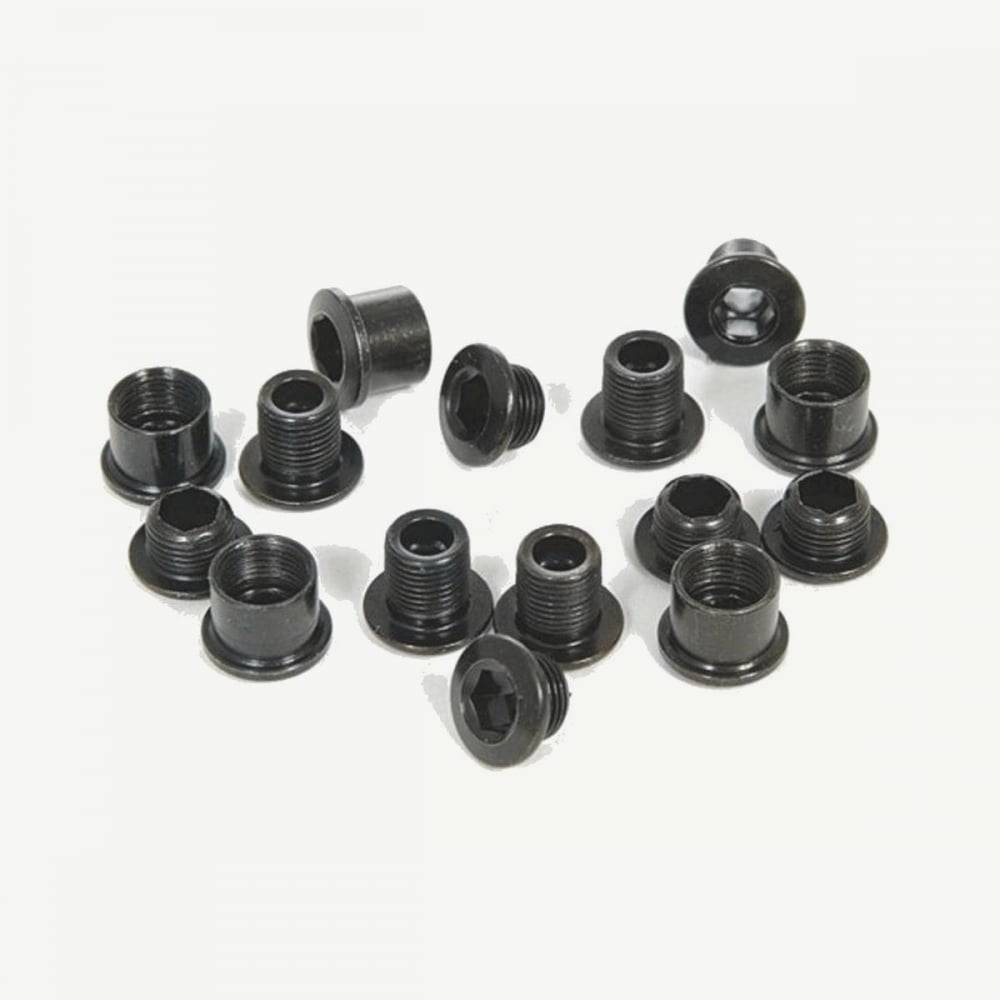 Truvativ black steel chainring bolt kit for 5-arm triple cranksets, bicycle components, close-up of bolts and hardware.