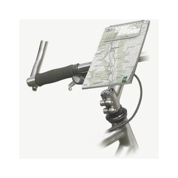 Rixen-Kaul KLICKfix map holder with quick release and mini adapter mounted on a bike handlebar for navigation accessories.