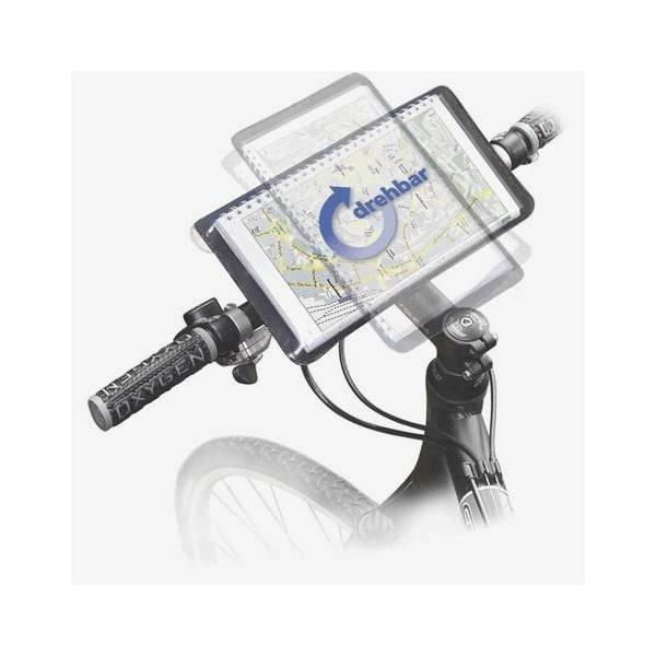 Rixen-Kaul KLICKfix bike map holder with rotating swivel and rain cover, mounted on a bicycle handlebar accessory.