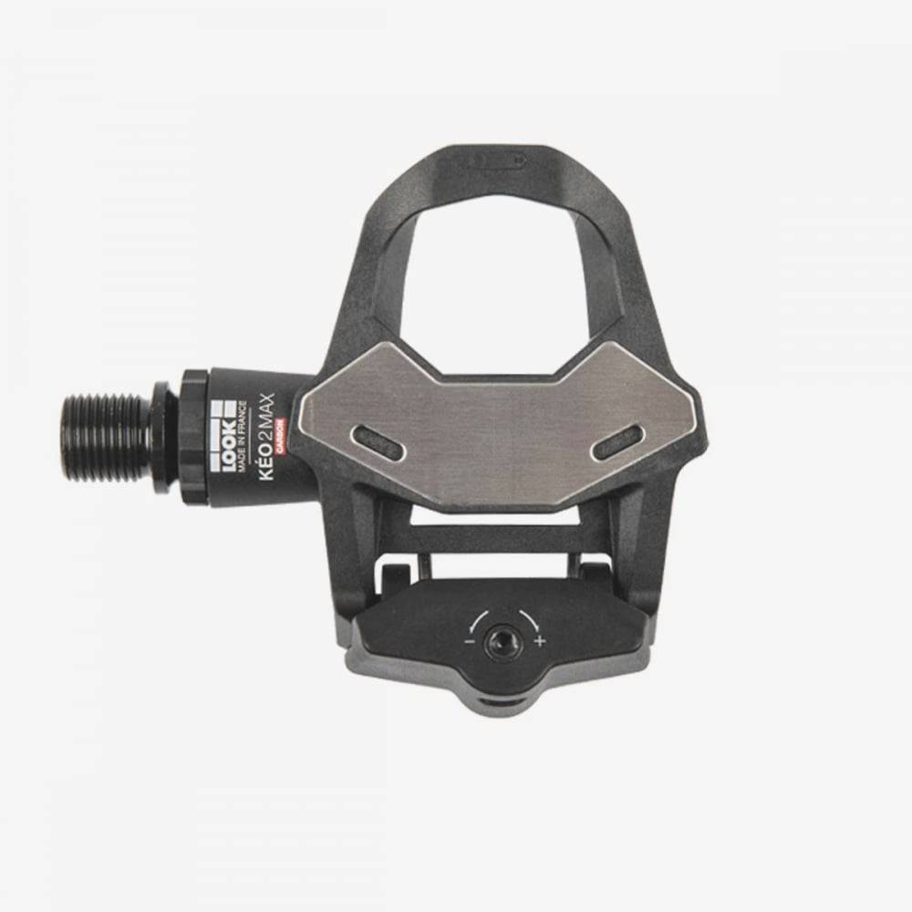 LOOK Keo 2 Max Carbon road pedals in black with adjustable float and wide contact surface, designed for high-performance cycling.