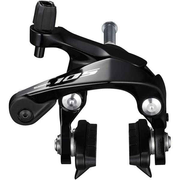 Shimano 105 BR-R7000 road bike brake calipers with 49mm drop and dual-pivot design, mounted on a road bike.