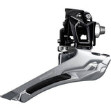 Shimano 105 FD-R7000 11-speed front derailleur toggle link and front mech for road bikes, showing metal components and mounting hardware.