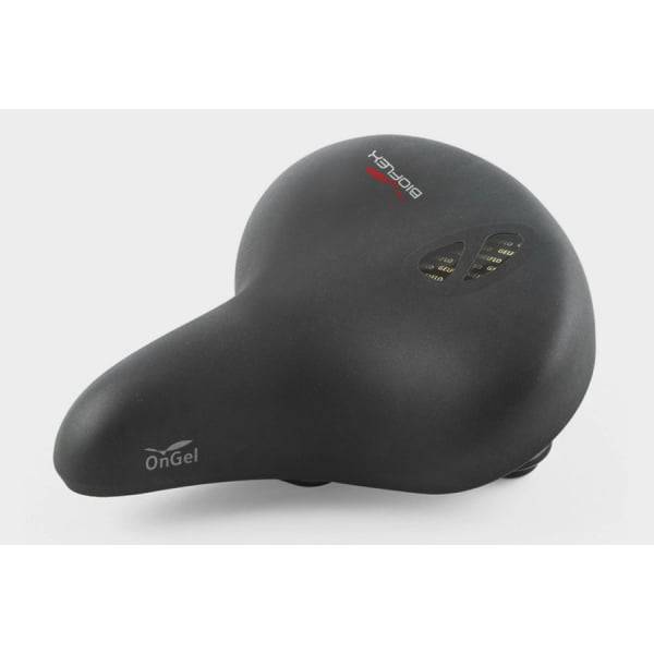 Bioflex onGEL unisex black bike saddle with shock absorption and easy clip compatibility, designed for comfortable cycling.