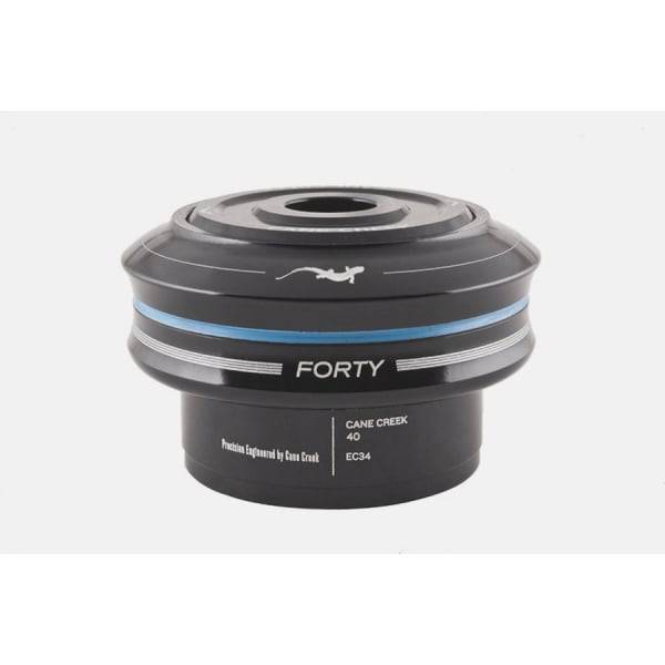 Cane Creek 40 EC34/28.6 black headset with clip-seal design for smooth steering, shown with 16mm top cap and components.