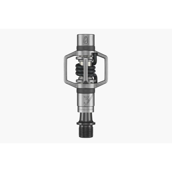 Crankbrothers Eggbeater 3 silver and black MTB pedals with mud shedding design, durable cycling components for mountain biking.