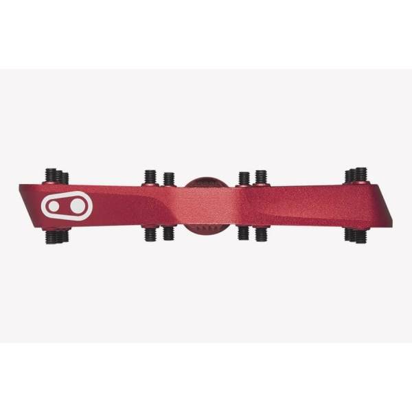 Crank Brothers Stamp 7 flat mountain bike pedal with adjustable pins, black metal components for durability and grip.