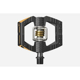 Crankbrothers Mallet E 11 enduro pedals in black and gold with adjustable pins, durable mountain bike components.