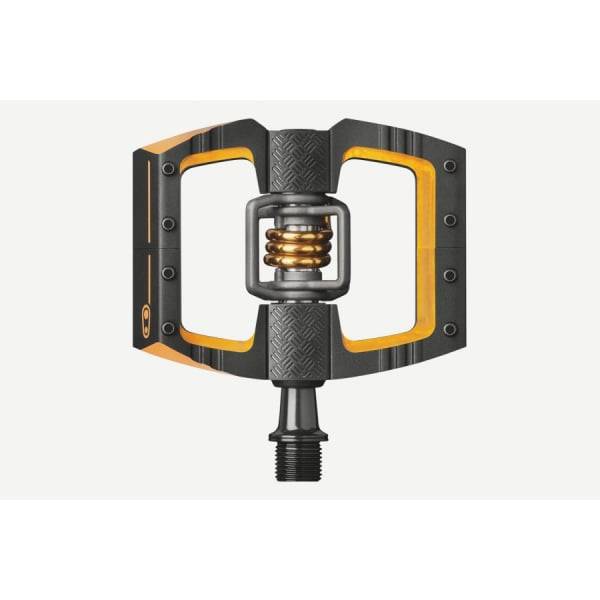 Crankbrothers Mallet DH 11 downhill pedals in black and gold with adjustable release angle, suitable for mountain biking components.