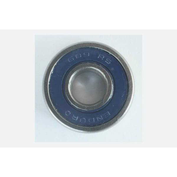Enduro Bearings 609 2RS ABEC 3 sealed cycling hub bearings, 9x24x7mm, shown in close-up with black seals and metal casing.