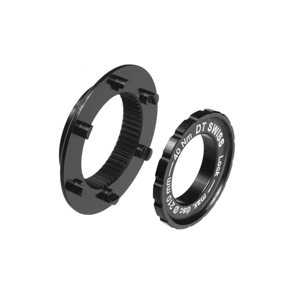 DT Swiss Centre-Lock to 6-bolt disc brake rotor adapter for road bike hubs, includes QR and 9 & 12mm axle compatibility.