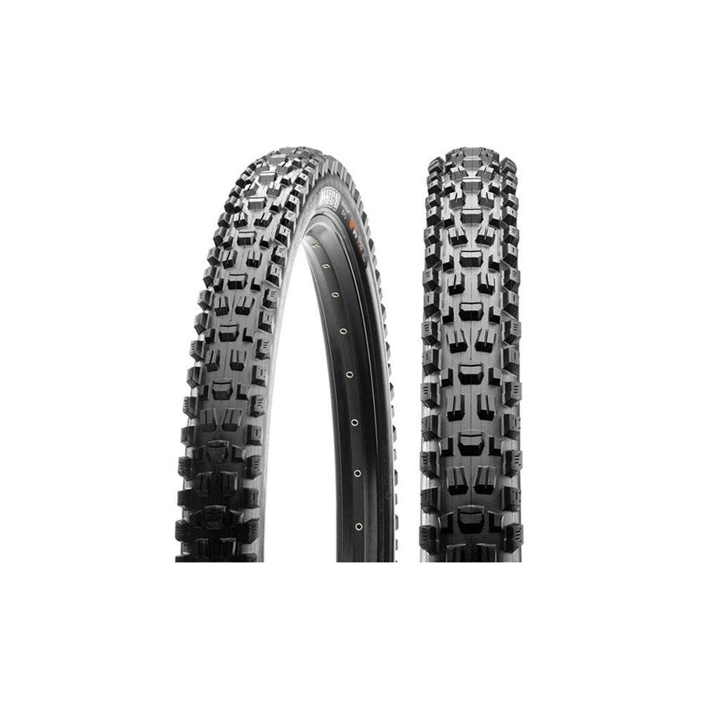 Maxxis Assegai downhill bike tyre with 3C MaxxGrip compound designed by Greg Minnaar, showing tread pattern and sidewall details.