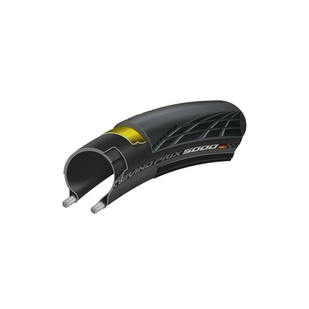 Continental Grand Prix 5000 BlackChili folding road bike tire, high-performance bicycle tire with sleek black design and tread pattern.