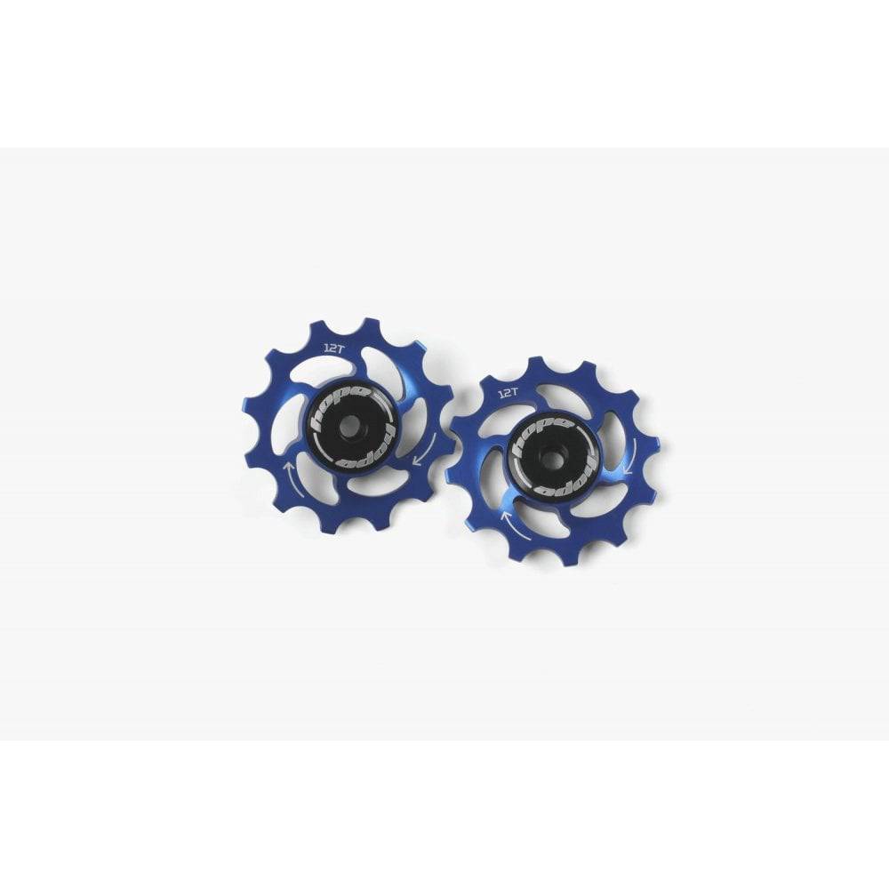Hope 12-tooth jockey wheels pair for bike drivetrain, showcasing durable metal components with smooth operation and precise gearing.