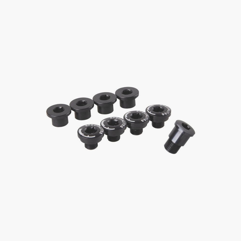 Specialites TA Ultra-Torque chainring bolts and accessories for Campagnolo cranksets, shown on a bicycle component.