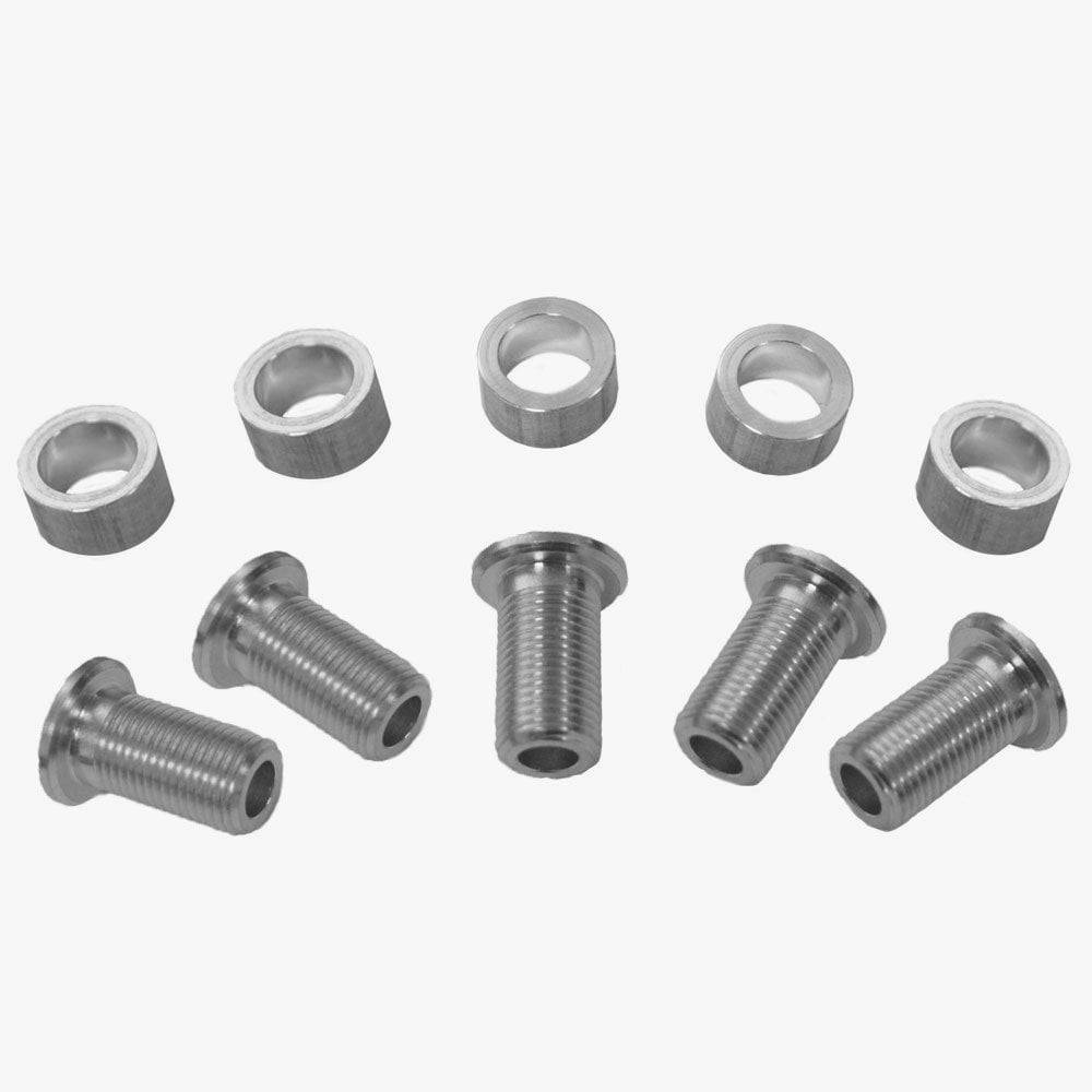 Specialites TA Vega Carmina 15mm triple chainring bolts with alloy spacers for bike components, showcasing installation and accessories.