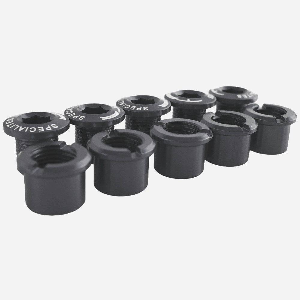 Specialites TA double alloy chainring bolts for bike components, showing shiny silver hardware on a clean bike part.