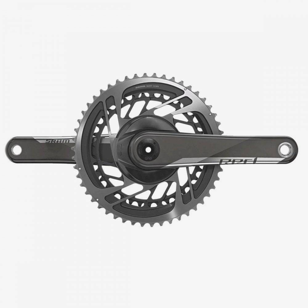 SRAM RED D1 DUB Road crankset with 175mm arms and 48-35T chainrings, showcasing X-Range technology and crank arm design.