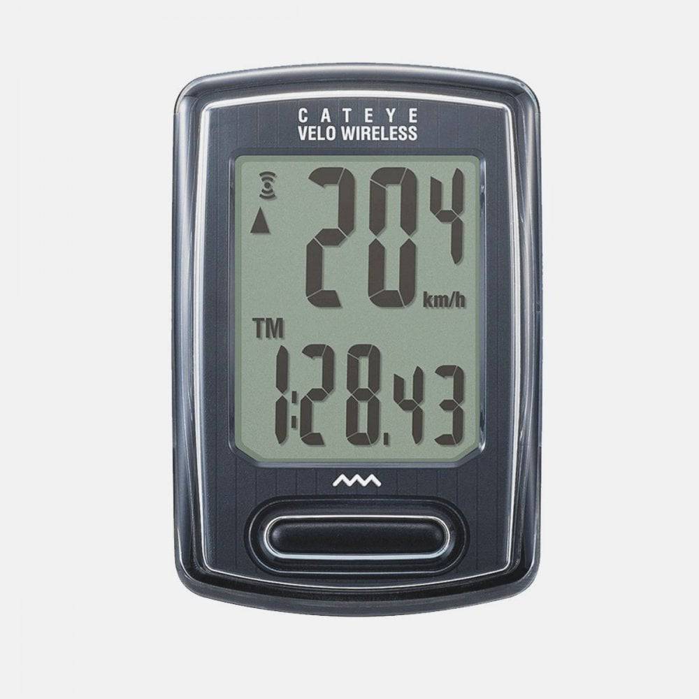CatEye Velo Wireless Plus cycle computer in black showing speed and distance on a bike handlebar display.