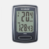 CatEye Velo Wireless Plus cycle computer in black showing speed and distance on a bike handlebar display.