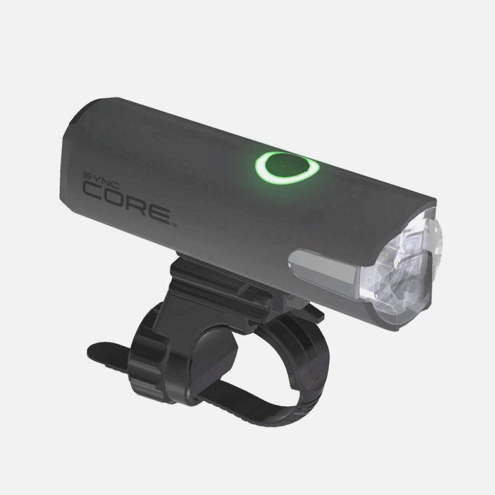 CatEye Sync Core 500 Bluetooth front bike light with 500 lumens, app-controlled, mounted on a bicycle handlebar.