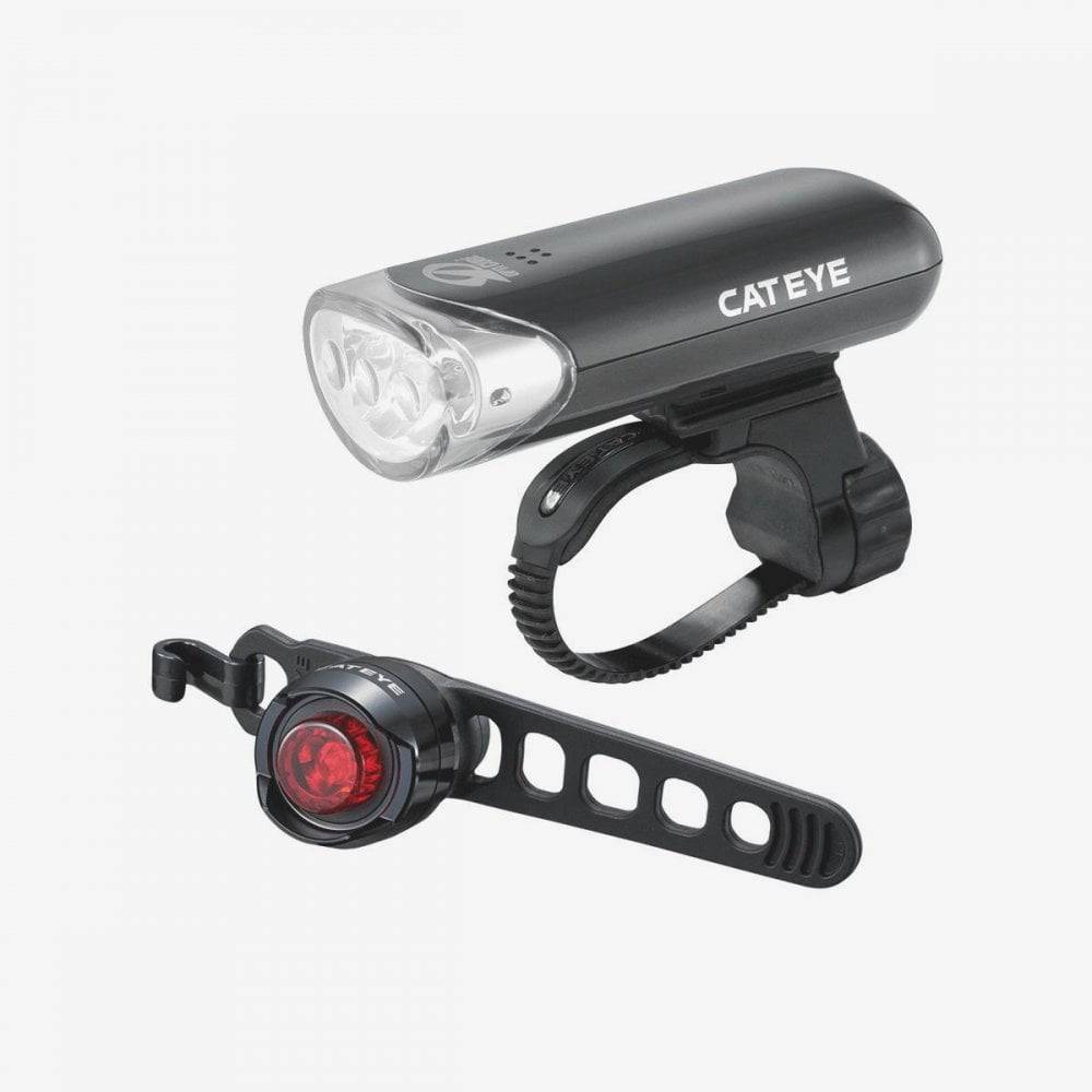 Cateye EL-135 and Orb front and rear bike lights with batteries and mounts, compact cycling accessories for visibility and safety.