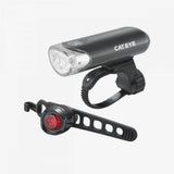 Cateye EL-135 and Orb front and rear bike lights with batteries and mounts, compact cycling accessories for visibility and safety.
