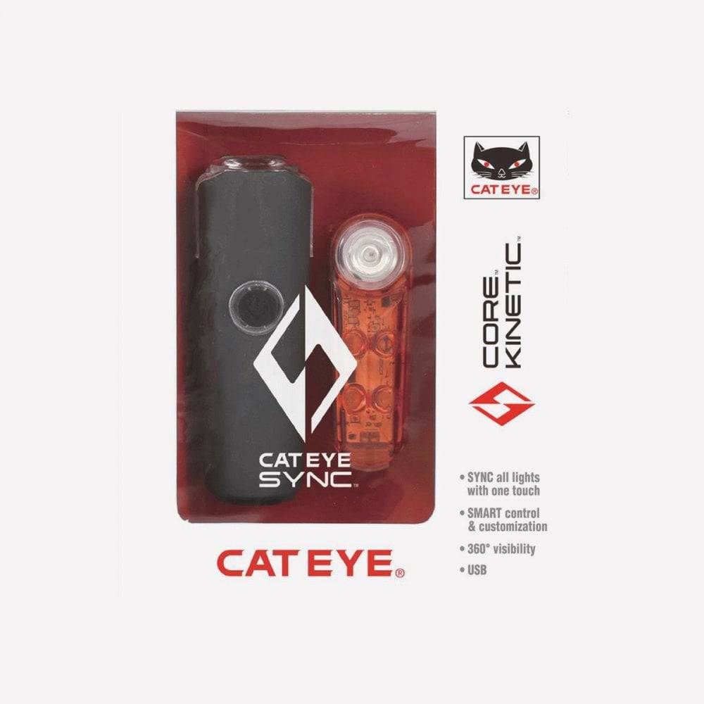 Cateye Sync Core and Sync Kinetic Bluetooth bike light set with front and rear lights for smart cycling safety.