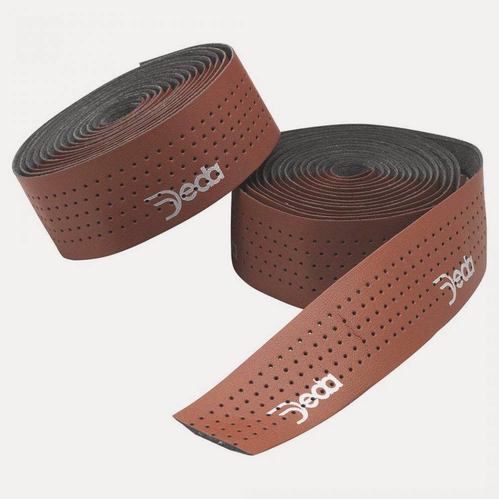 Deda Elementi leather look bar tape for bicycle handlebars, offering a comfortable grip and vibration absorption.