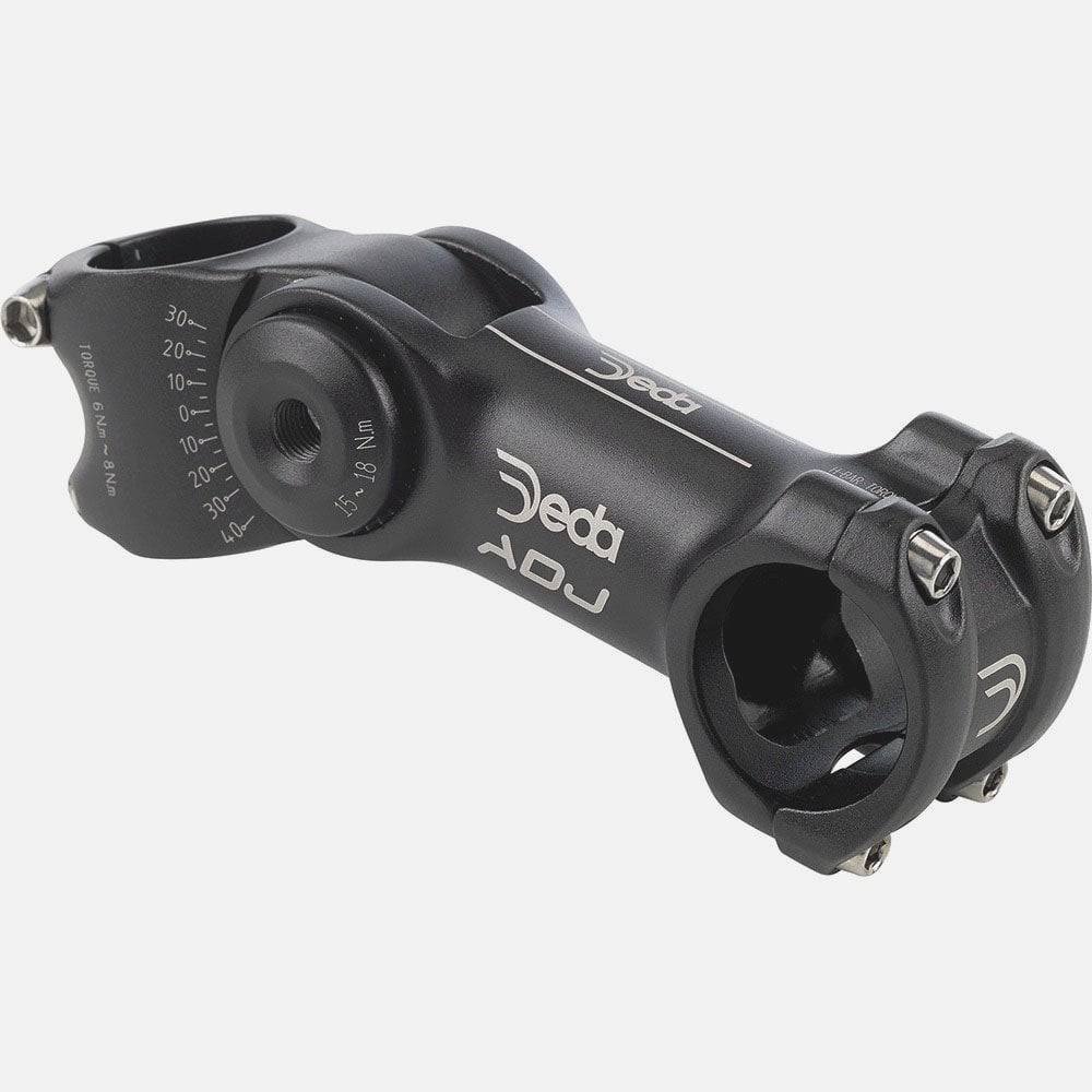 Deda Elementi adjustable bicycle stem with micro angle adjustment for 31.7mm handlebars, showing sleek metal component with adjustment bolts.