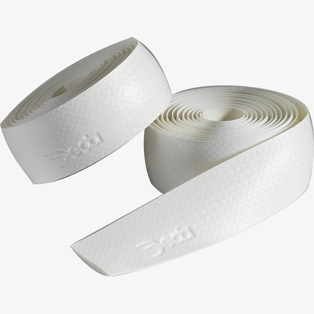 Deda Elementi Carbon Look Road Bike Bar Tape with end plugs and finishing tape on a bike handlebar.