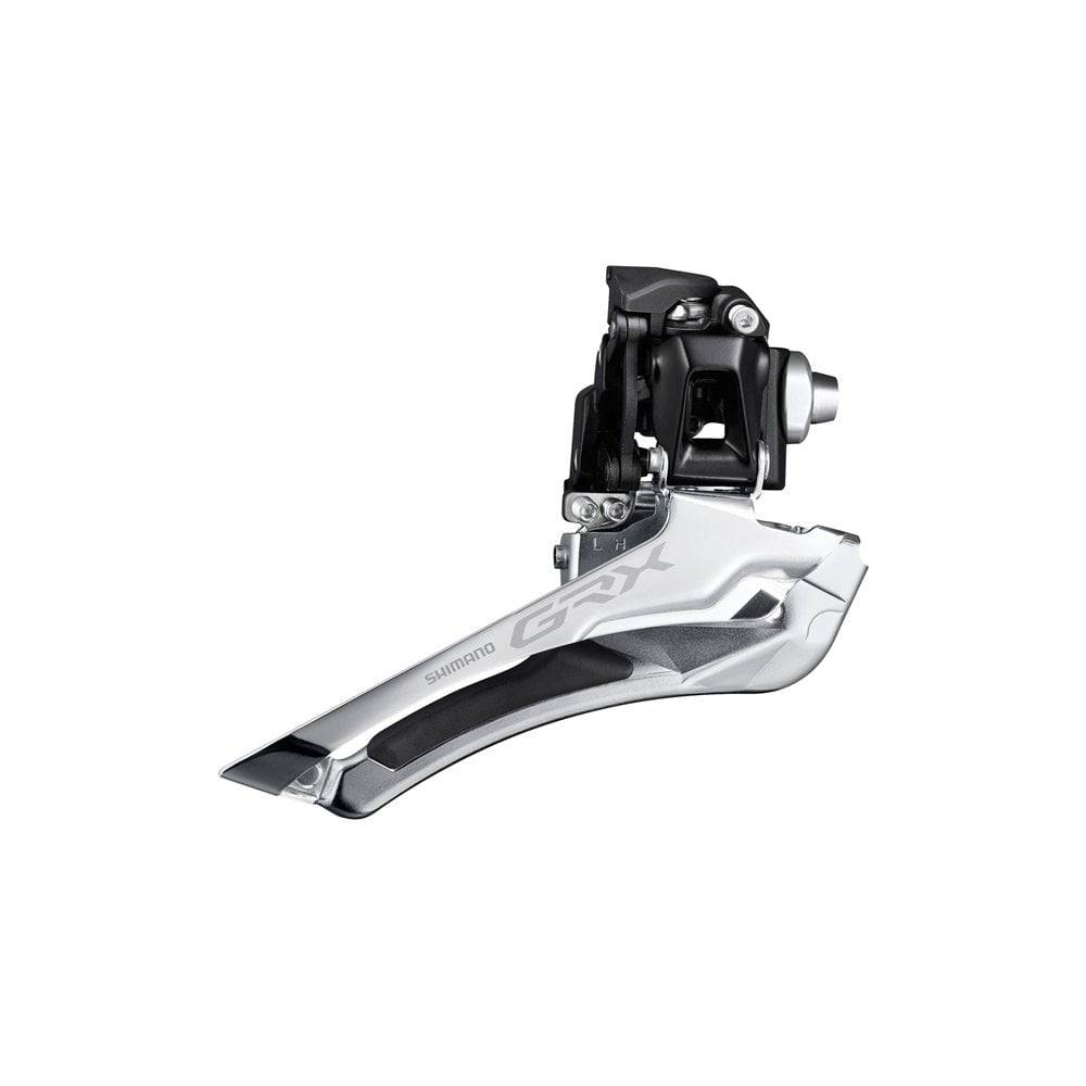Shimano GRX FD-RX400 10-speed double front derailleur, braze-on gravel component with metal cage and mounting clamp.