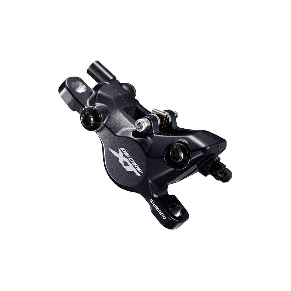 Shimano Deore XT hydraulic post mount brake caliper and lever set for mountain bikes, black components with detailed levers and calipers.