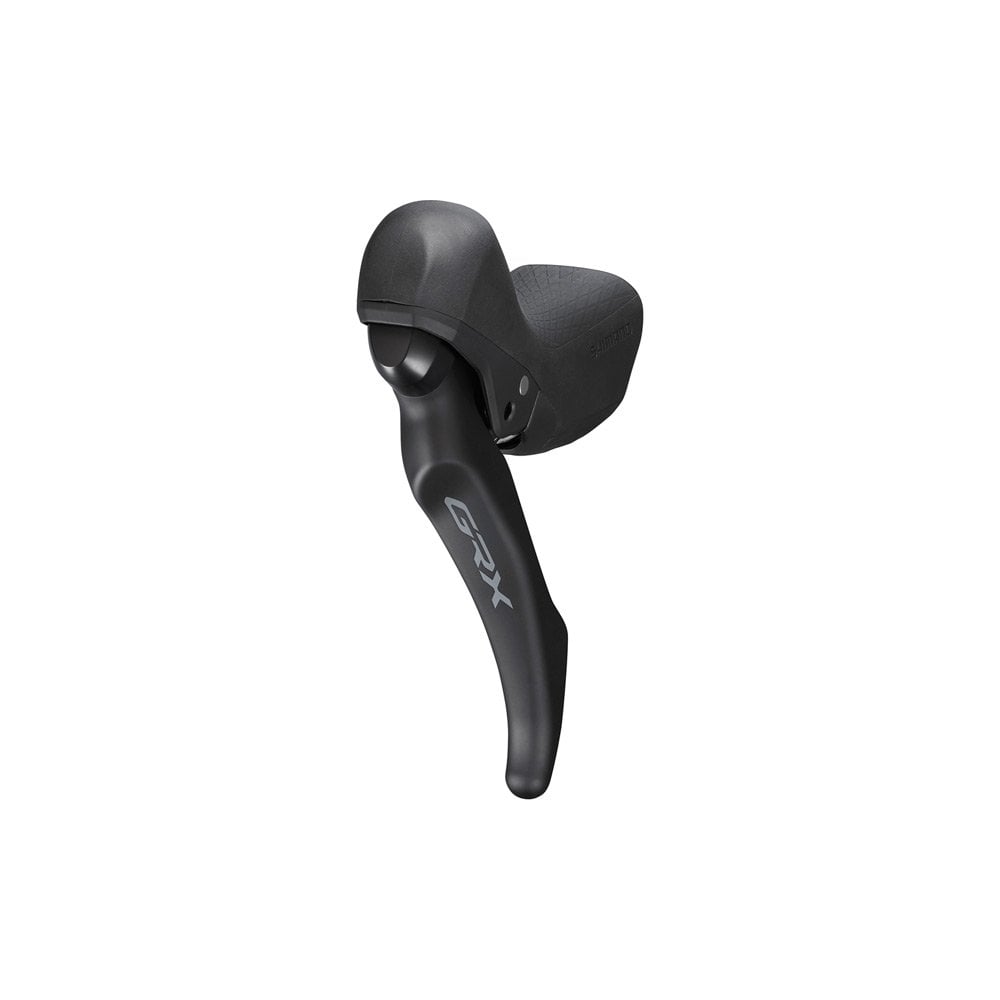 Shimano GRX hydraulic disc brake lever with BR-RX400 rear caliper for gravel or road bikes, left side, close-up view.