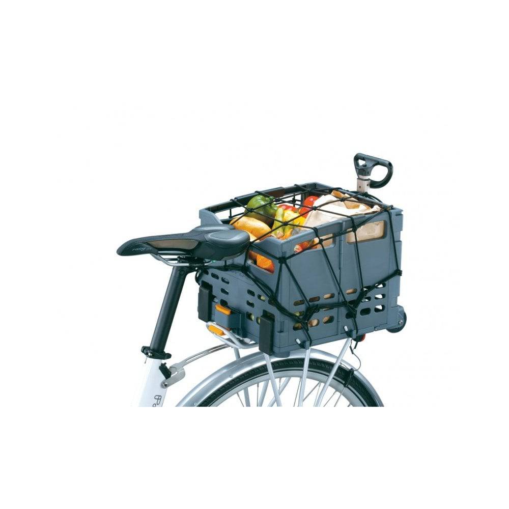 Black Topeak cargo net made of durable nylon, 40x40cm, designed for luggage racks and baskets on bikes.