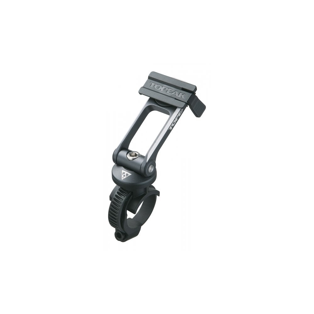 Topeak Ridecase Mount for 1 1/4-inch grey aluminum adjustable bike accessory holder on a bicycle frame.