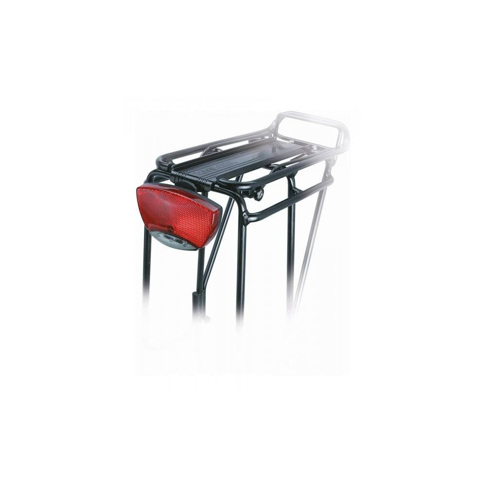 Topeak bike rack tail light mount in black with 80mm mounting holes, designed for secure attachment to bike racks.