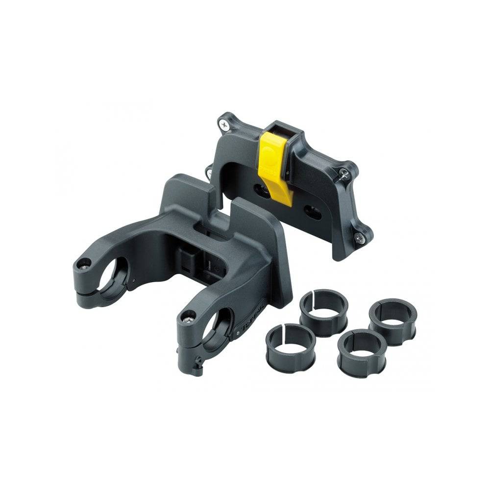 Topeak Fixer 3e front basket adaptor for standard bikes and eBikes in black, shown mounted on a bike frame.