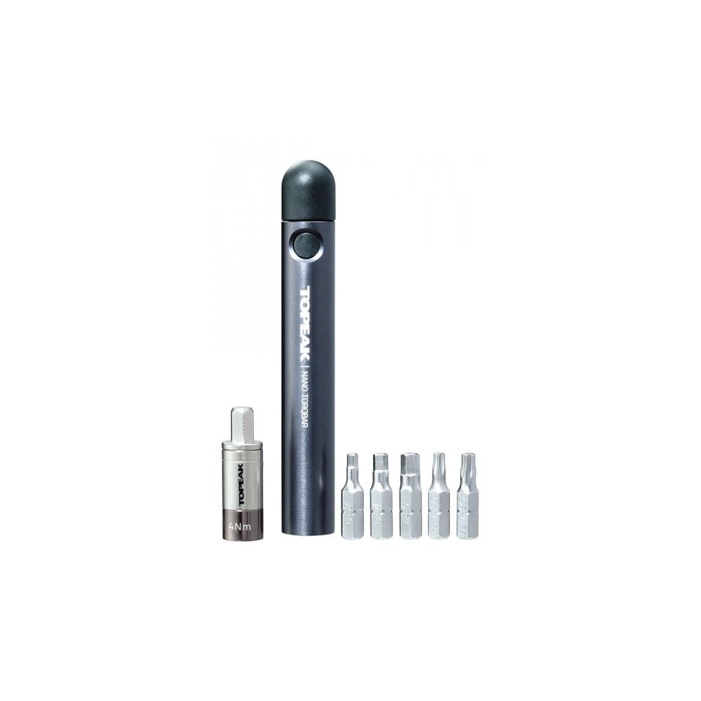 Topeak Nano TorqBar compact preset torque wrench with five tool bits, used for precise bike maintenance and repairs.
