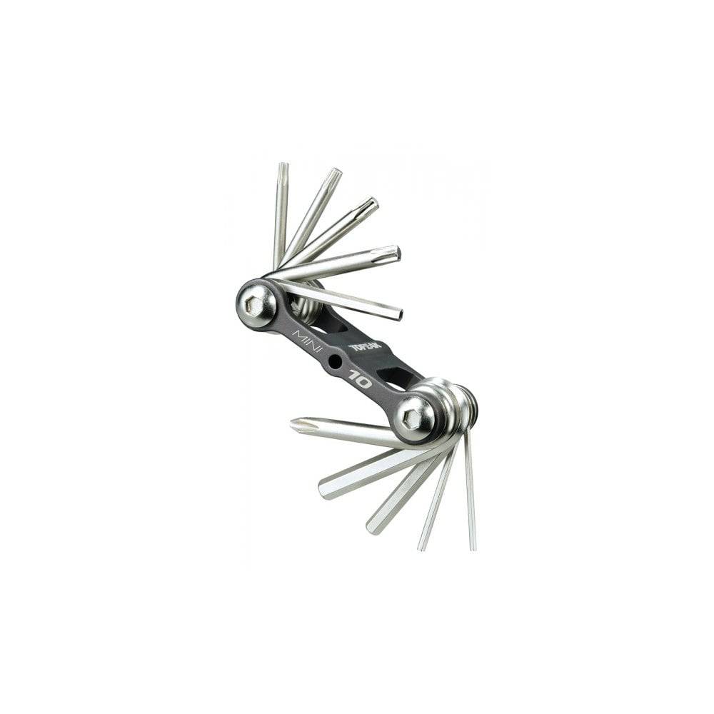 Topeak Mini 10 compact bike multi-tool with black and silver finish, featuring 10 hardened steel tools for bike repairs.