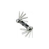 Topeak Mini 10 compact bike multi-tool with black and silver finish, featuring 10 hardened steel tools for bike repairs.